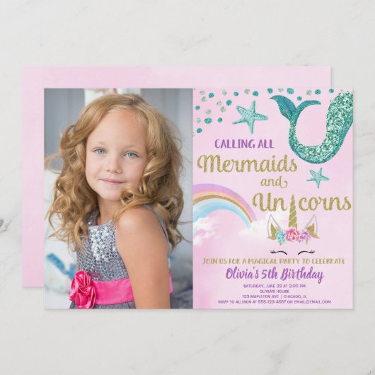Mermaids & Unicorns roze gouden blauwgroen verjaar Kaart (Voorkant / Achterkant)