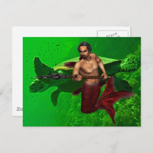 Merman met Zee Turtle Briefkaart (Voorkant / Achterkant)
