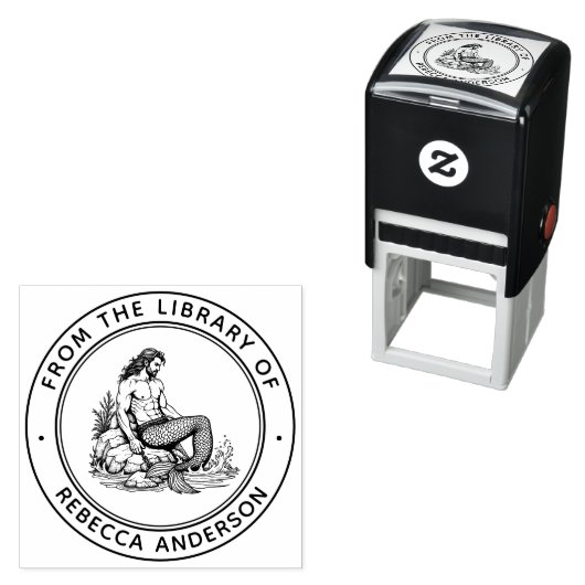 Merman on Rocks Ex Libris Boekplaat Bibliotheek Bo Zelfinktende Stempel (In situ)