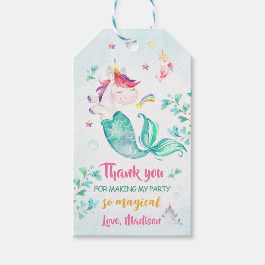 Mermicorn bedankt je label Magische verjaardagscad Cadeaulabel (Voorkant)