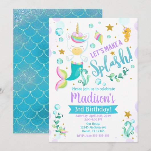 Mermicorn Birthday Invitation Mermaid Unicorn Kaart (Voorkant / Achterkant)