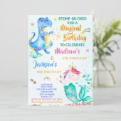 Mermicorn en Dinosaur verjaardagsuitnodigingen twe Kaart (Staand voorkant)