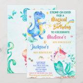 Mermicorn en Dinosaur verjaardagsuitnodigingen twe Kaart (Voorkant / Achterkant)