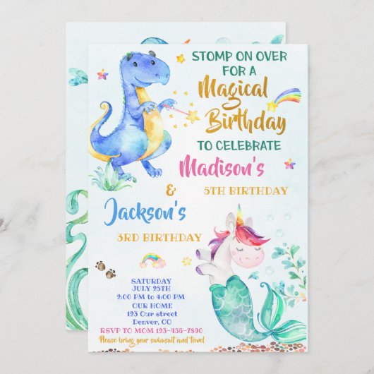 Mermicorn en Dinosaur verjaardagsuitnodigingen twe Kaart (Voorkant / Achterkant)