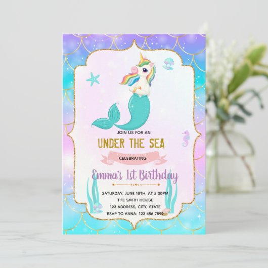 Mermicorn verjaardagsuitnodiging bedankkaart (Staand voorkant)