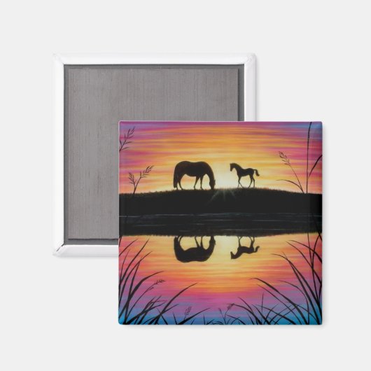 Merrie en Veulen Zonsopgang paard magneet vierkant (Voorkant / Achterkant)