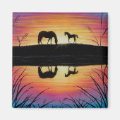 Merrie en Veulen Zonsopgang paard magneet vierkant (Voorkant)