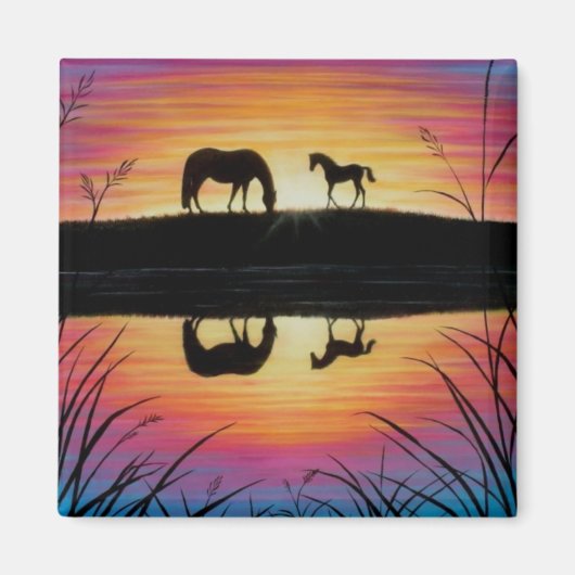 Merrie en Veulen Zonsopgang paard magneet vierkant (Voorkant)