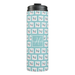 Merrie Kerst Mutsjes Rood Lint Blauwe Monogram Thermosbeker