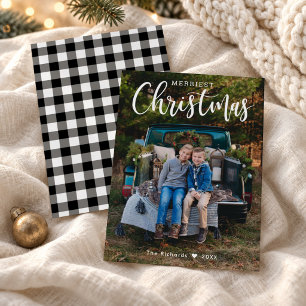 Merrie Kerst Script Foto Gingham Achterkant Feestdagenkaart