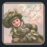 "Merrie Kerstmis" Vintage Vierkante Sticker<br><div class="desc">Prachtig vintage kerstfeest afbeelding van een jong meisje,  gekleed in groen en ingesloten in een passend lijst. De boodschap is "Kerst Merrie en een Nieuwjaar van Glad".</div>