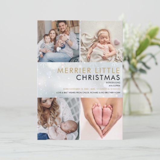 Merrie Kleine Kerstsneeuwvlokken Foto's Geboorte Feestdagenkaart (Staand voorkant)