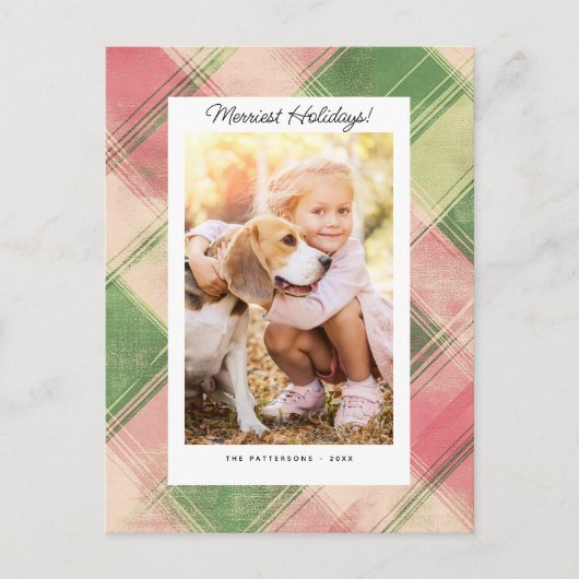 Merrie Vakantie Foto Festieve Roze Groene Plaid Feestdagenkaart (Voorkant)