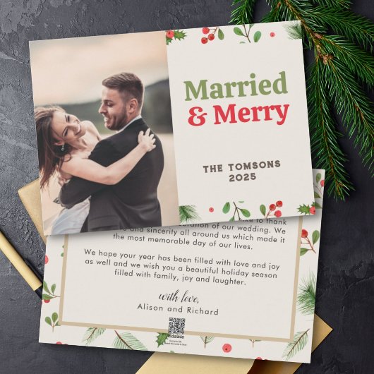 Merried Merry Pas getrouwd Dank Kerstmis Feestdagenkaart