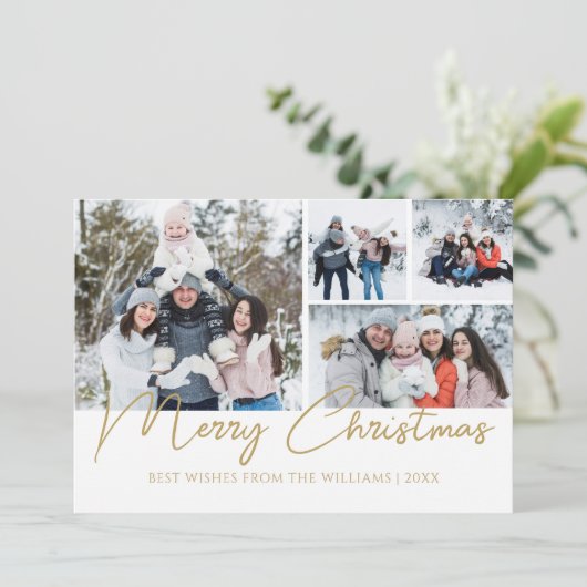 Merrier kerstscript 4 foto kerst feestdagenkaart (Staand voorkant)