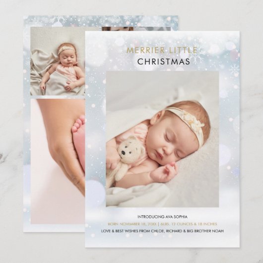 Merrier Little Kerstsnowflakes Foto Birth Feestdagenkaart (Voorkant / Achterkant)
