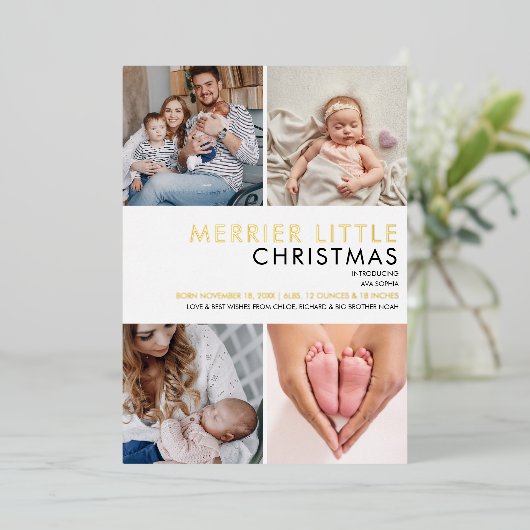 Merrier Little Photo Goud Folie Geboorteaankondigi Folie Feestdagenkaart (Staand Voorkant)