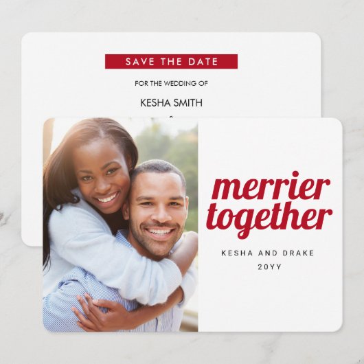 Merrier Together Bold Font kerstbruiloft foto Save The Date (Voorkant / Achterkant)