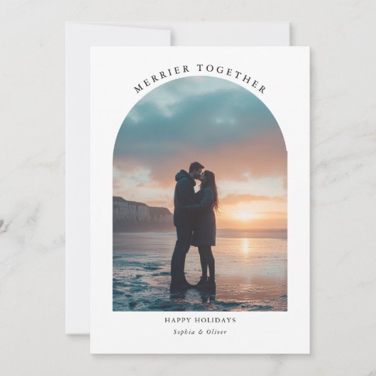 Merrier Together Christmas Beach Arch Foto Feestdagenkaart (Voorkant)