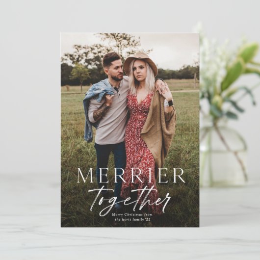 Merrier Together Script-kerstfoto Kaart (Staand voorkant)