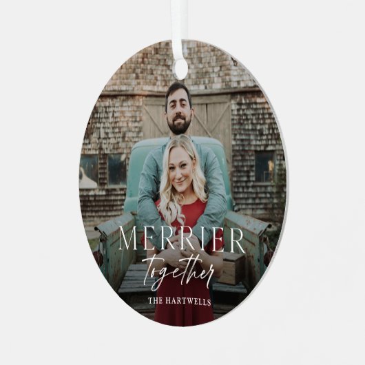Merrier Together Script-kerstfoto Metalen Ornament (Voorkant links)