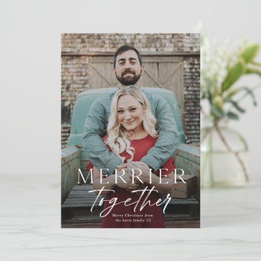 Merrier Together Script Photo Merry Kerstry Kaart (Staand voorkant)