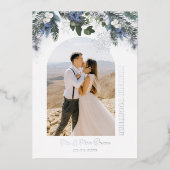 Merrier Together Silver Blue Green Winter Floral Folie Feestdagenkaart (Voorkant)