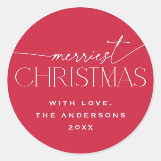 Merriest Christmas Elegant Typography Red Holiday Ronde Sticker (Voorkant)