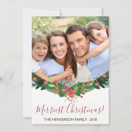 Merriest Christmas en Garland Script Photo Card Feestdagenkaart (Voorkant)