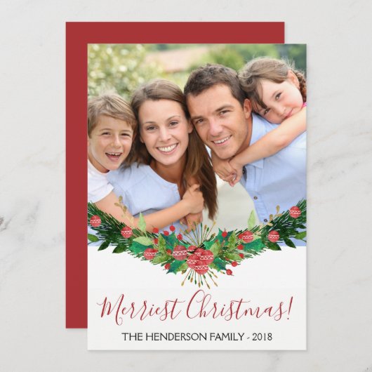 Merriest Christmas en Garland Script Photo Card Feestdagenkaart (Voorkant / Achterkant)