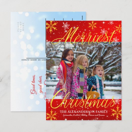Merriest Christmas Family Foto Sneeuwvlokken Sterr Feestdagenkaart (Voorkant / Achterkant)