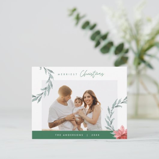 Merriest Christmas Family Foto, Waterverf Krans Briefkaart (Staand voorkant)