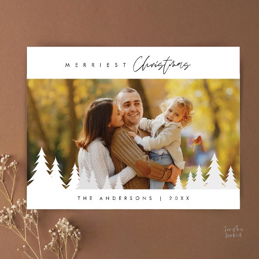 Merriest Christmas Family Photo Outdoor Pine Trees Briefkaart