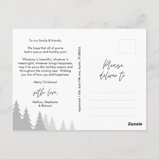 Merriest Christmas Family Photo Outdoor Pine Trees Briefkaart (Achterkant)