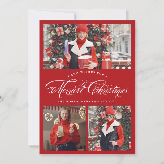 Merriest Christmas Fancy Script Photo Collage Kaar Feestdagenkaart (Voorkant)