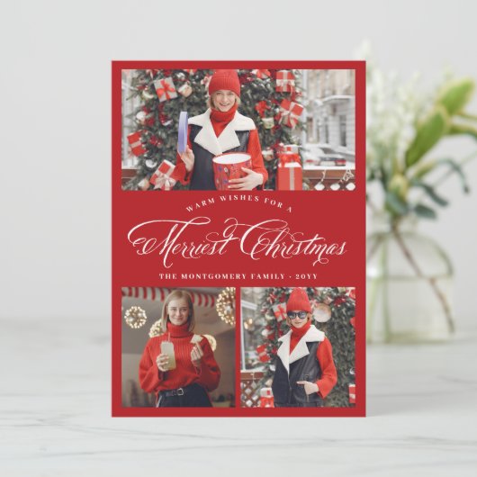 Merriest Christmas Fancy Script Photo Collage Kaar Feestdagenkaart (Staand voorkant)