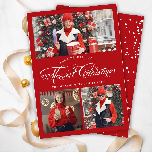 Merriest Christmas Fancy Script Photo Collage Kaar Feestdagenkaart