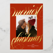 Merriest Christmas Gold Calligraphy Rode foto Folie Feestdagenkaart (Voorkant)