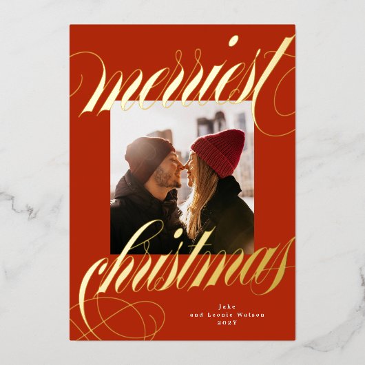 Merriest Christmas Gold Calligraphy Rode foto Folie Feestdagenkaart (Voorkant)