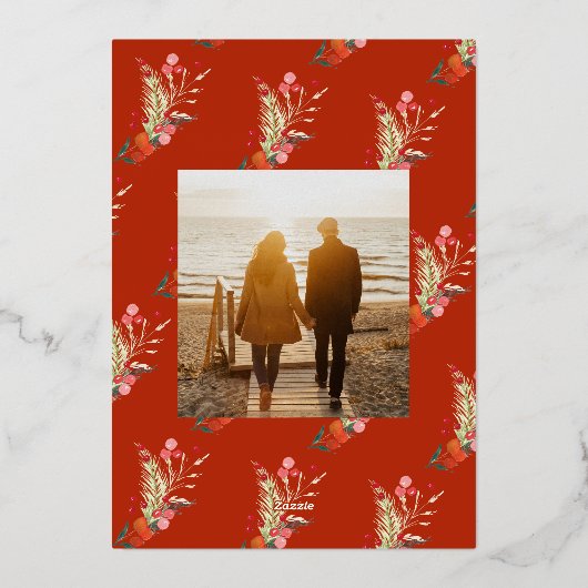 Merriest Christmas Gold Calligraphy Rode foto Folie Feestdagenkaart (Achterkant)