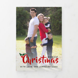 Merriest Christmas Holly Berry Kerstfoto Drieluik Wenskaart