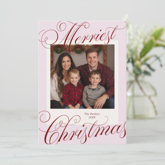 Merriest Christmas Kalligrafie Foto Feestdagenkaart (Staand voorkant)