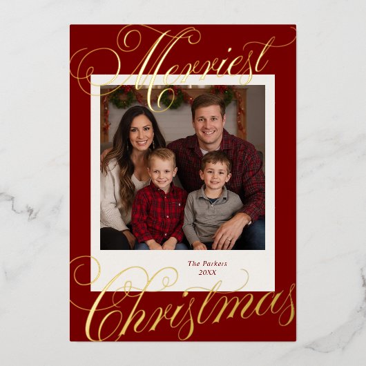 Merriest Christmas Kalligrafie Foto Folie Feestdagenkaart (Voorkant)