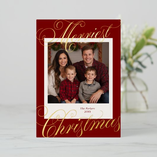 Merriest Christmas Kalligrafie Foto Folie Feestdagenkaart (Staand Voorkant)
