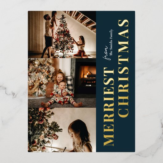 Merriest Christmas Modern Blauw Goud Script Foto Folie Feestdagen Briefkaart (Voorkant)