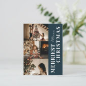 Merriest Christmas Modern Blue Script 3 Foto Feestdagenkaart (Staand voorkant)