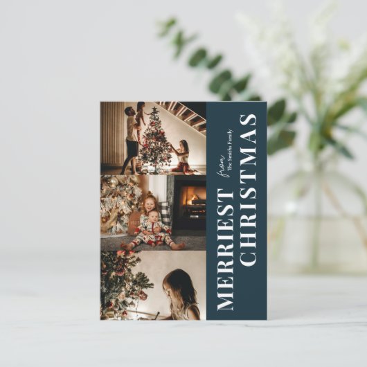 Merriest Christmas Modern Blue Script 3 Foto Feestdagenkaart (Staand voorkant)