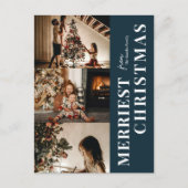 Merriest Christmas Modern Blue Script 3 Foto Feestdagenkaart (Voorkant)