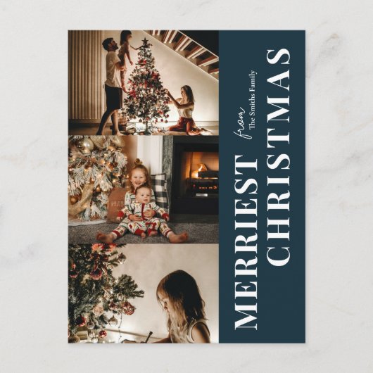 Merriest Christmas Modern Blue Script 3 Foto Feestdagenkaart (Voorkant)