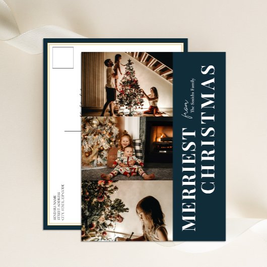 Merriest Christmas Modern Blue Script 3 Foto Feestdagenkaart
